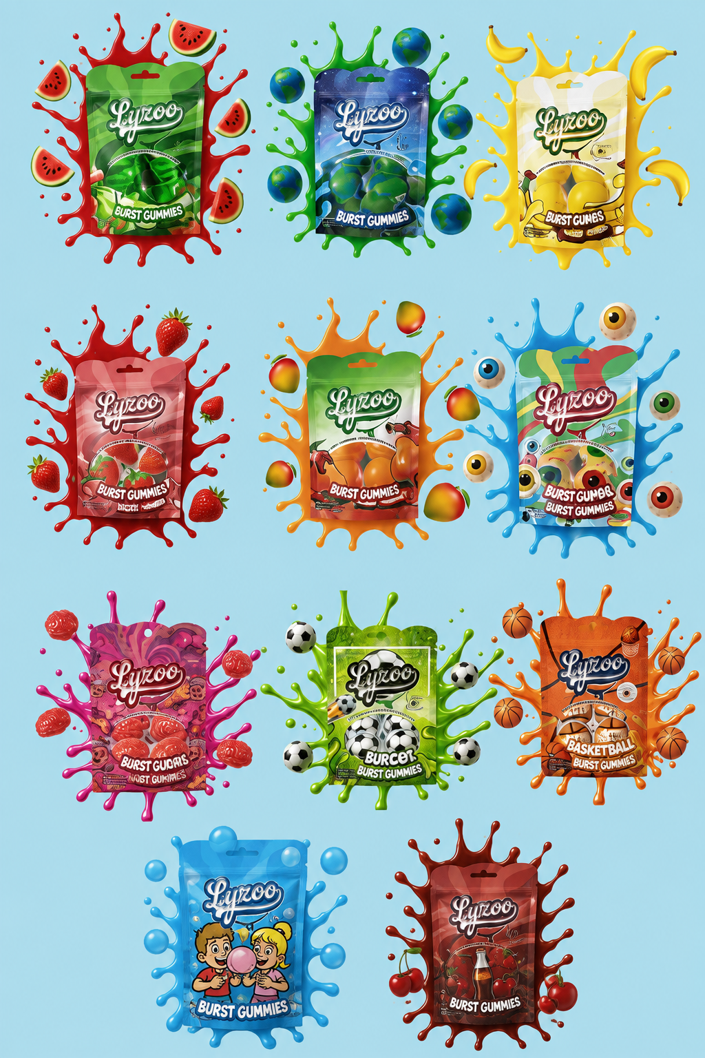 Colorful LyZoo wholesale bulk candy pouches with fruit splash graphics
