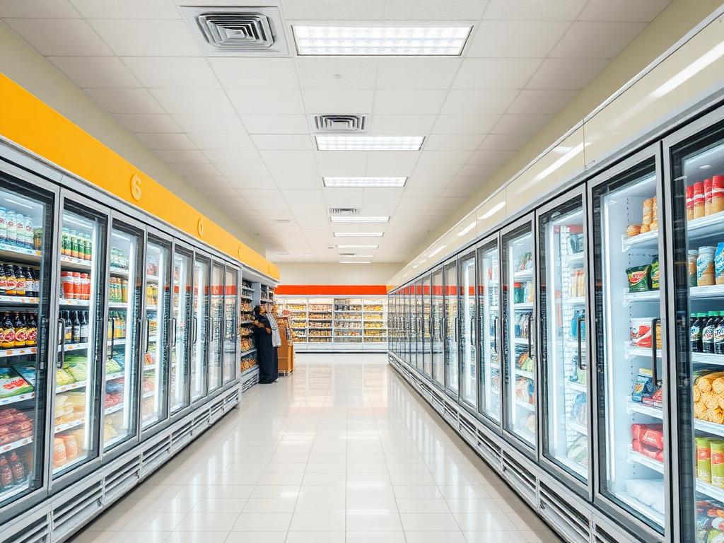 Retail store aisle lined with commercial freezers stocked with frozen products
