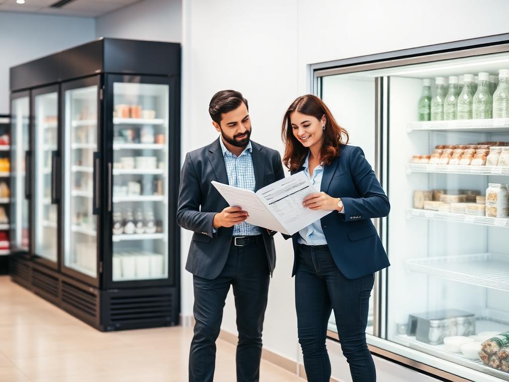 Consultant reviewing an in-person estimate beside a commercial freezer in a store