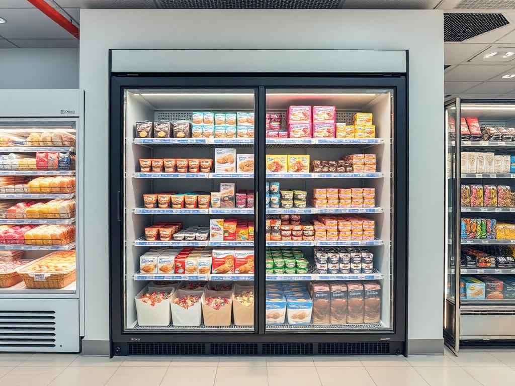 Commercial glass-door freezer stocked with frozen desserts inside a retail store